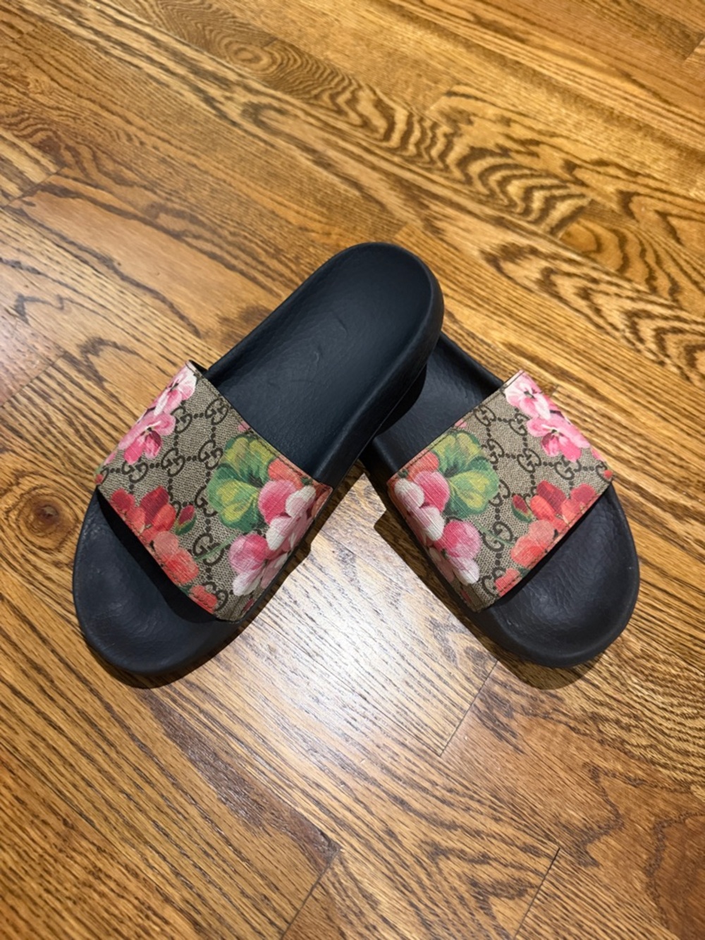 Gucci Floral Monogram Slide Sandals - Black with Pink & Green Floral